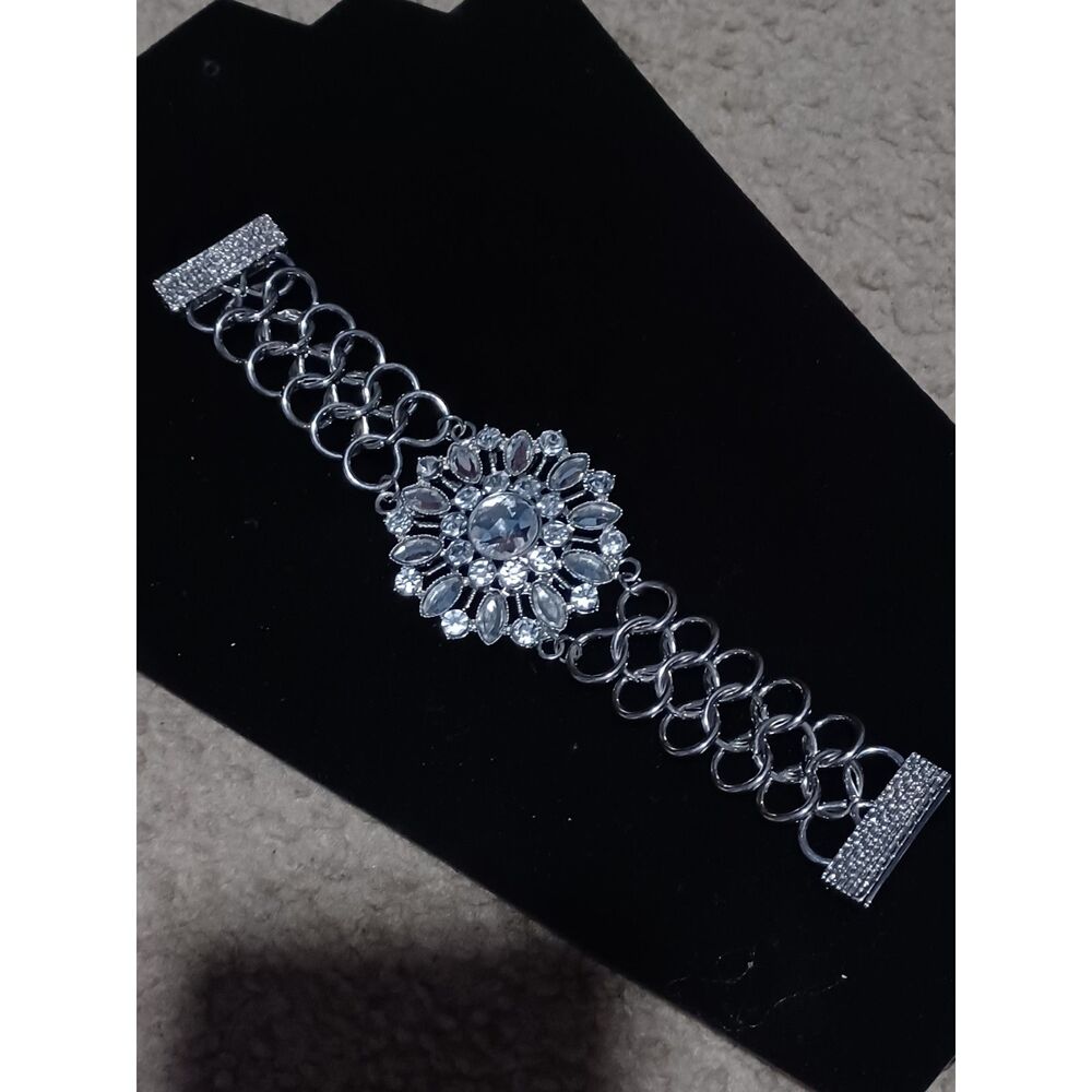 Silver-Toned Cuff Bracelet w/ Ornate Floral Center, 8" - Picture 3 of 4